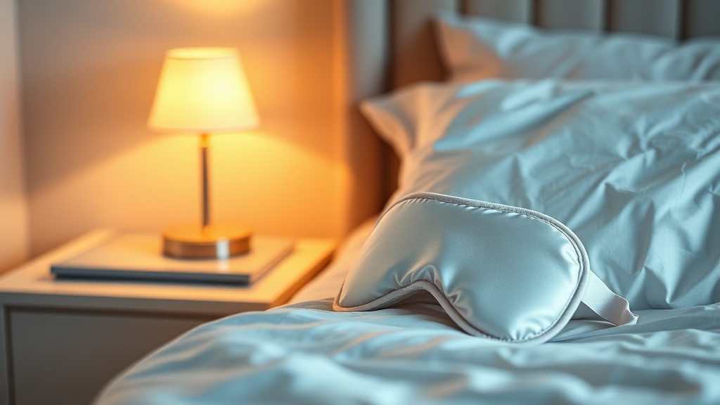 침대 옆 탁자 위에 놓인 부드러운 실크 소재의 수면 안대와 은은한 무드등이 놓여 있는 편안한 침실 풍경