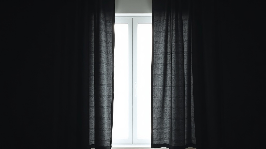 외부의 빛을 완벽하게 차단하여 어두운 실내를 유지하는 암막 커튼이 쳐진 창문