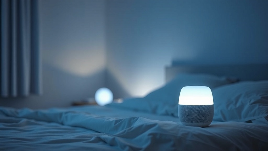 안정적인 수면을 돕기 위해 부드러운 소리를 내는 백색 소음기가 작동 중인 모습